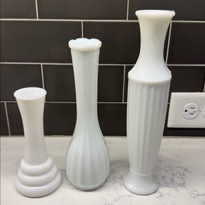 Set Of 3 Elegant White Milk Glass Rose Bud  Vases.